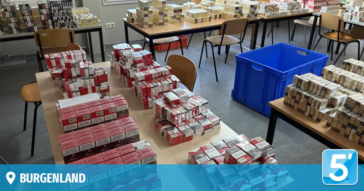 A room filled with multiple tables, each loaded with numerous boxes of cigarettes, with a blue storage box on the right side and several chairs around.