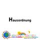 Das Bild zeigt ein buntes Logo für 'Hausordnung' mit Kindern um einen Globus, eine Sonne und einen Regenbogen. Darunter steht 'Kindergärten'.