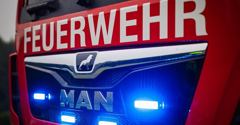 A close-up of a red emergency vehicle with blue lights and the word 'MAN'. The vehicle logo is a lion. The word 'FEUERWEHR' is on the top.