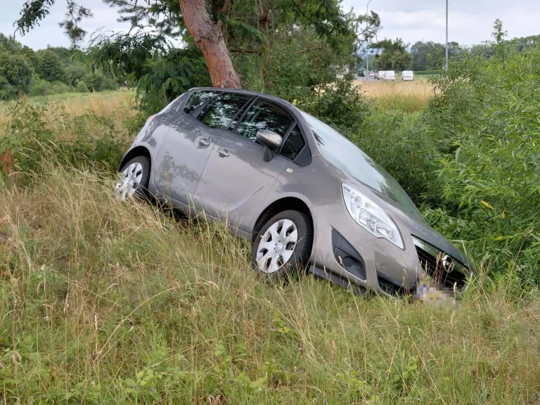 Ein graues Auto steckt im Gras fest, ist zur Seite geneigt und das Vorderrad ist vom Boden abgehoben.