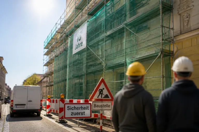 Ein Mann in einem gelben Schutzhelm schaut auf eine Baustelle. Ein Schild sagt 'Baustelle' und ein anderes sagt 'Sicherheit zuerst'. Ein Banner sagt '15 Jahre'.