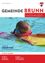 Ein junges Mädchen schwimmt mit Schwimmbrille und gelbem Schwimmbrett im Pool. Der Text lautet 'Gemeinde Brunn informiert' und 'Saisonstart im Kinderfreibad Lerchenhöhe'.