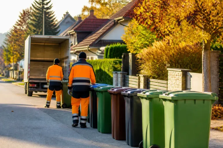 Two sanitation workers are walking down the street, carrying garbage cans. They are lined up on the sidewalk.