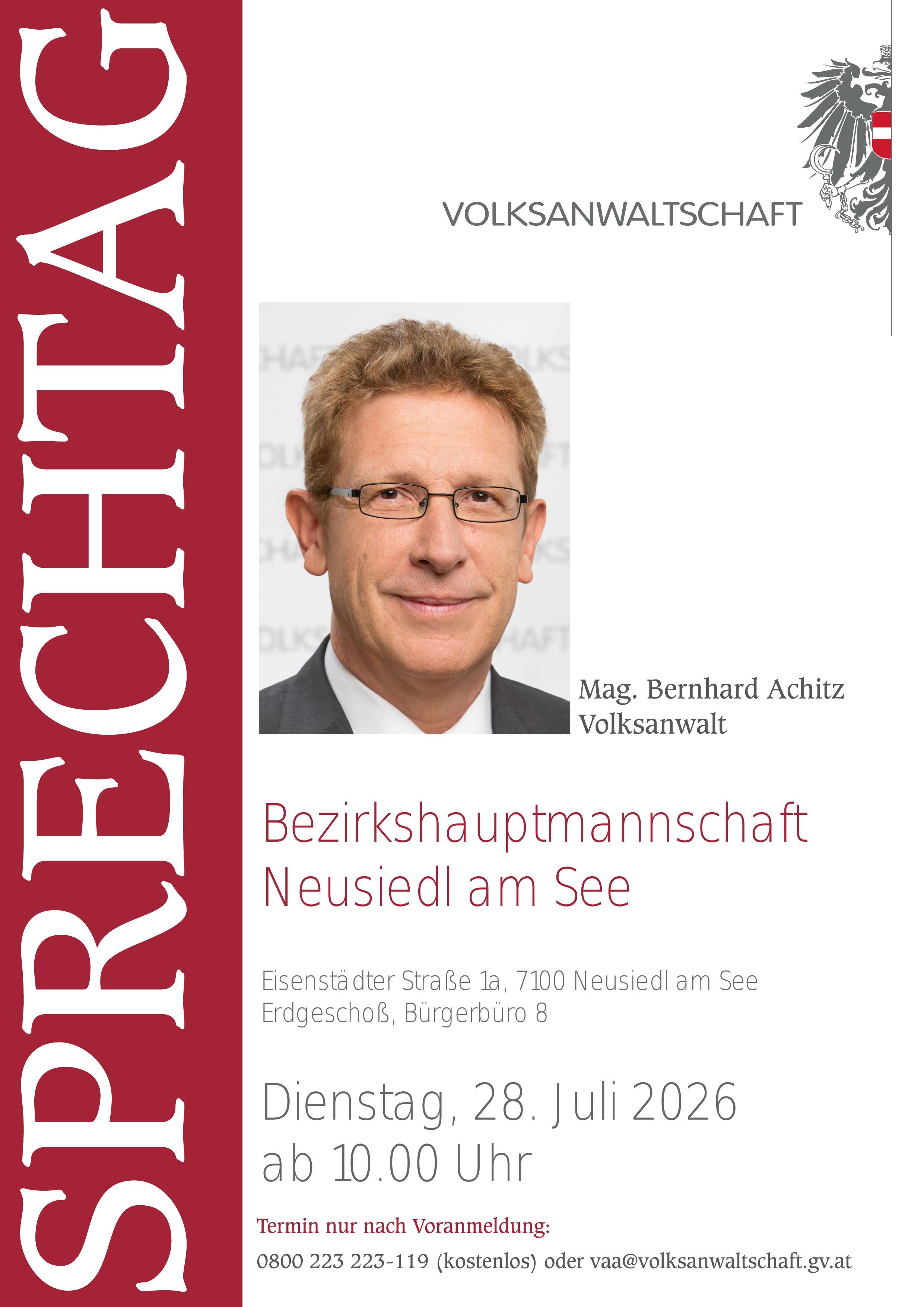 Mag. Bernhard Achitz Volksanwalt bei Sprechtag der Bezirkshauptmannschaft Neusiedl am See