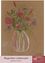 Eine handgezeichnete Illustration einer Vase mit rosa und lila Blumen vor einem braunen Hintergrund.