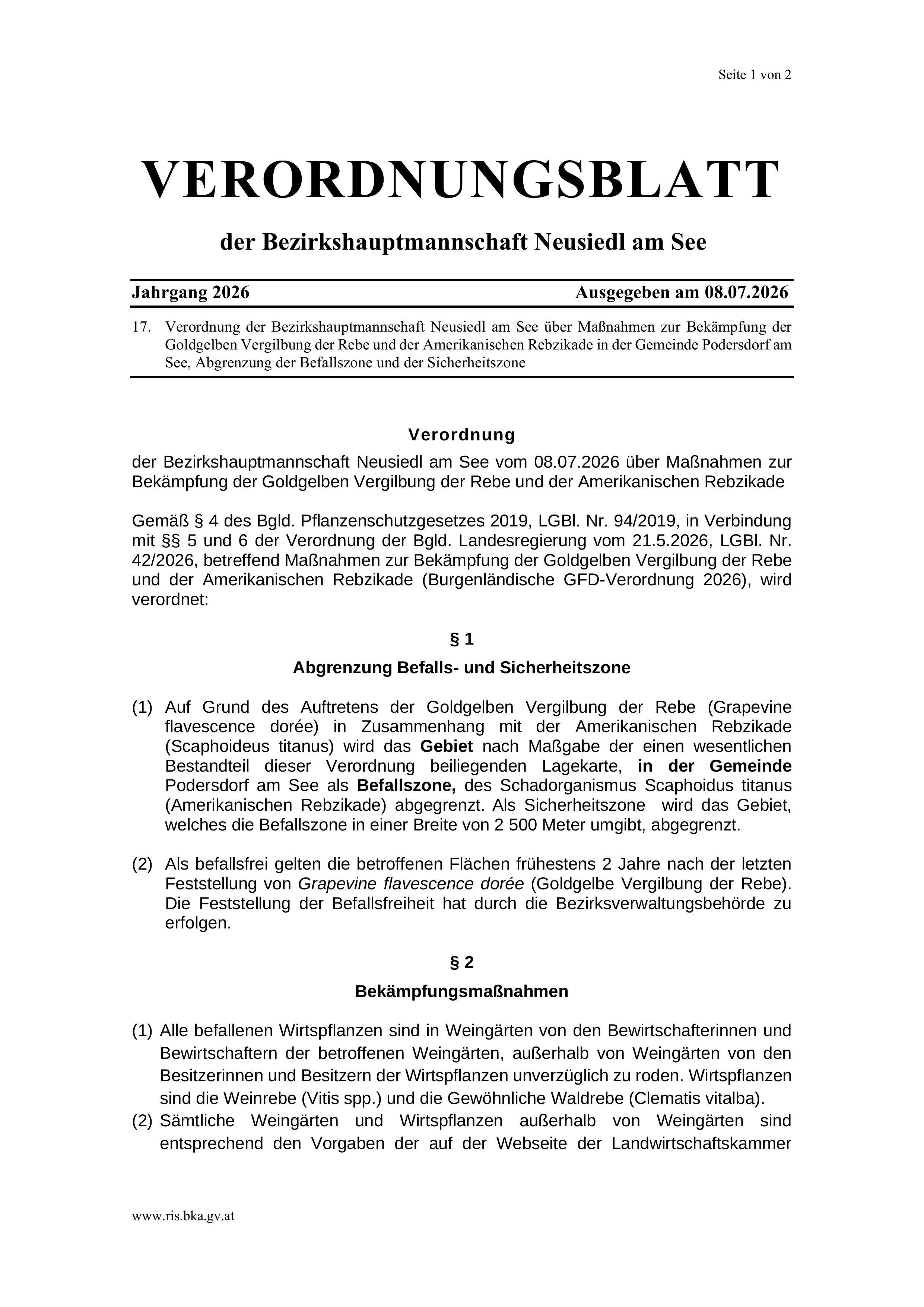 Verordnung der Bezirkshauptmannschaft Neusiedl am See zur Bekämpfung der Goldgelben Vergilbung der Rebe in Podersdorf am See