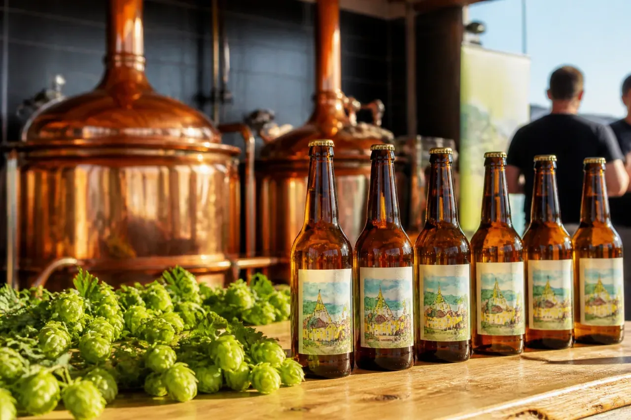 Four beer bottles with labels featuring a temple are on a table with hops in a brewery. Large copper brewing tanks are in the background.