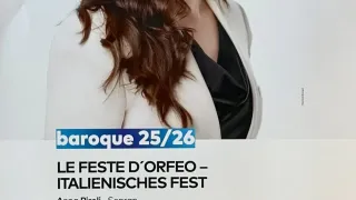 A smiling woman in a white coat and black top. The text reads 'Le Feste d'Orfeo - Italienisches Fest.' The names of people involved in the event are listed. The event is sponsored by 'baroque 25/26.'