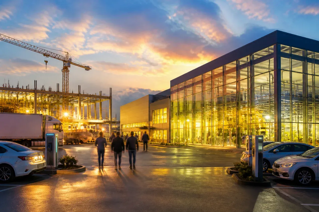Sunset view of a factory with a crane, a parking lot, and three people walking towards the building.