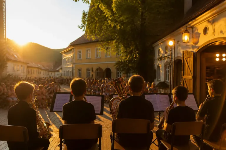 Eine Gruppe von Musikern, darunter ein Junge, der Saxophon spielt, tritt vor einem Gebäude auf, während eine Menge zuschaut.