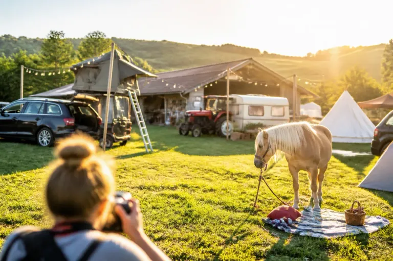 Eine Person fotografiert ein Pony auf einem Bauernhof mit einem Zelt und Fahrzeugen im Hintergrund.