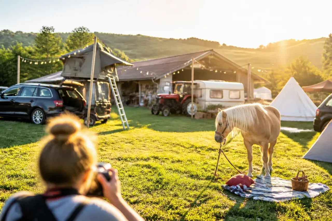 A person takes a photo of a pony on a farm with a tent and vehicles in the background.