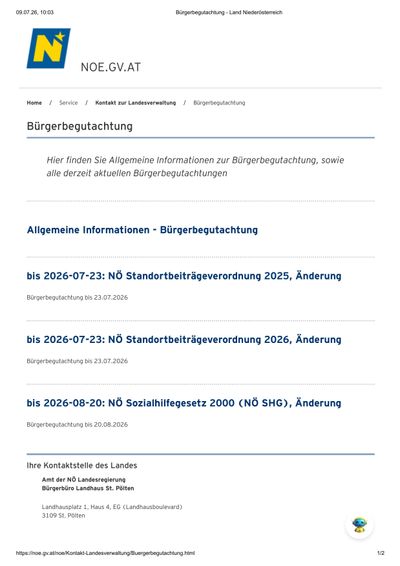 Eine Webseite über 'Bürgerbegutachtung' mit einer Tabelle, die verschiedene Verordnungen und ihre Ablaufdaten auflistet, einschließlich 'NO Standortbetriebsverordnung 2025', 'NO Standortbetriebsverordnung 2026' und 'NO Sozialhilfegesetz 2000 (NO SHG)'.