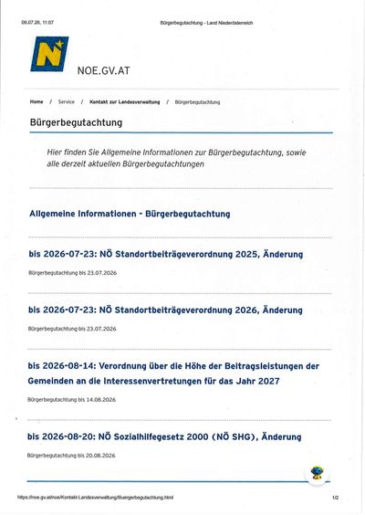 Eine Dokumentenseite mit dem Titel 'Burgerbegutachtung' und einer Liste von Verordnungen und ihren Daten. Der erste Eintrag ist 'NO Standortbeitragsverordnung 2025, Anderung' bis 2026-07-23.