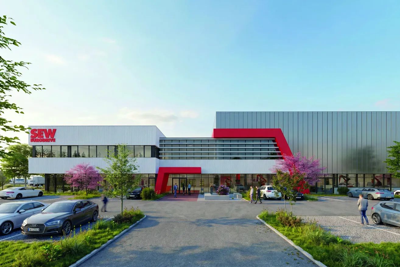 Eine architektonische Darstellung eines modernen Bürogebäudes mit rotem Eingang und Glasfenstern, umgeben von einem Parkplatz mit Autos und Menschen, die gehen.