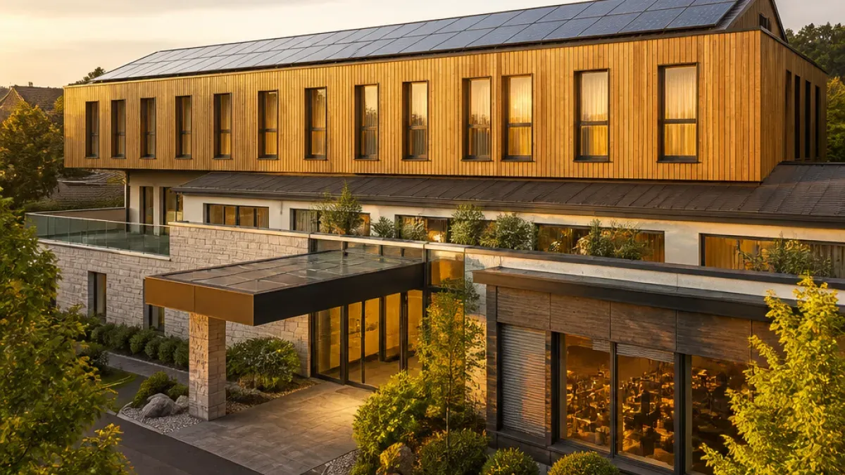 Ein modernes architektonisches Design eines Gebäudes mit Solarpanelen auf dem Dach und Glasfenstern. Das Gebäude hat einen Glaseingang mit einem Vordach.