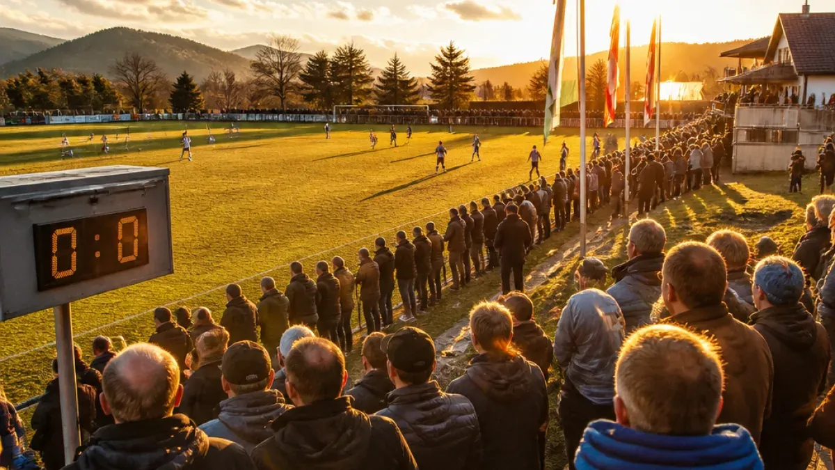 Ein Fußballspiel im Gange mit Spielern auf dem Feld und Zuschauern an der Seitenlinie.