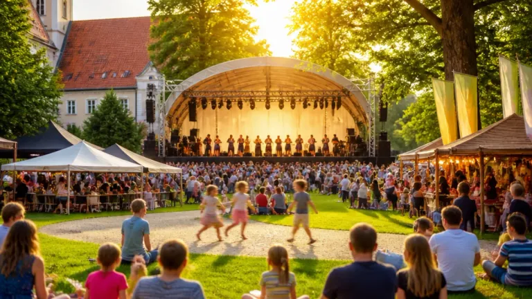 A vibrant outdoor concert with a large crowd, a stage with performers, and a backdrop of trees and a building.