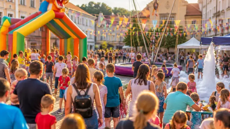 Eine lebhafte Straßenszene mit einer bunten aufblasbaren Struktur und vielen Menschen, darunter Kinder, die herumlaufen. Die Straße ist mit Wimpelketten geschmückt und es gibt Gebäude im Hintergrund.