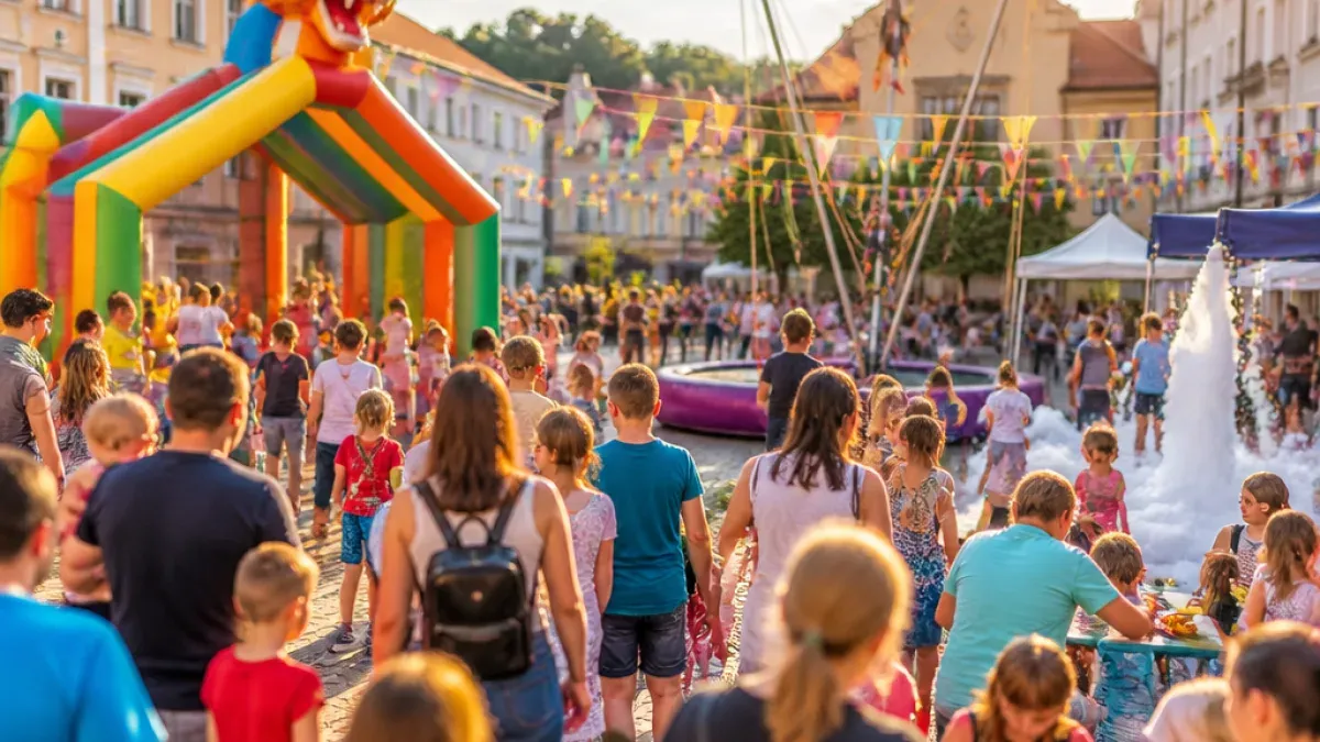 Eine lebhafte Straßenszene mit einer bunten aufblasbaren Struktur und vielen Menschen, darunter Kinder, die herumlaufen. Die Straße ist mit Wimpelketten geschmückt und es gibt Gebäude im Hintergrund.