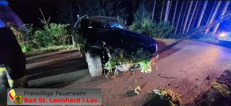 A black car is wrecked on a dirt road, with its front end heavily damaged and vegetation tangled in the bumper. The car is parked on the side of the road.