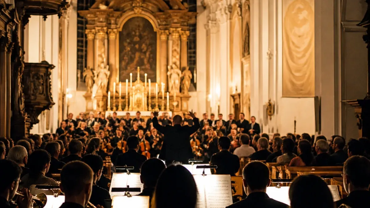 A large orchestra performs in a grand hall with a golden altar and candles in the foreground. The audience is seated in rows, attentively watching the conductor.