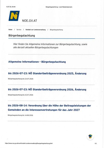 Eine Webseite mit dem Titel 'Burgerbegutachtung' bietet allgemeine Informationen und aktuelle Bürgerbegutachtungen, einschließlich Aktualisierungen zur NO Standortbeitragsverordnung 2025 und 2026 sowie einer Verordnung über die Höhe der Beiträge der Gemeinden an die Interessenvertretungen für das Jahr 2027.