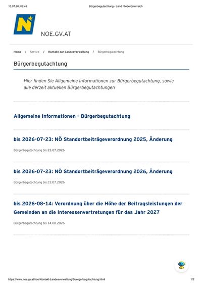 Eine Webseite mit dem Titel 'Bürgerbegutachtung', die allgemeine Informationen und Aktualisierungen zu Bürgerkonsultationen bietet. Es enthält Details zur 'NÖ Standortbeitragsverordnung 2025', 'NÖ Standortbeitragsverordnung 2026' und 'Verordnung über die Höhe der Beitragsleistungen der Gemeinden an die Interessenvertretungen für das Jahr 2027'.