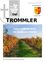Ein Weinberg mit leuchtenden Herbstfarben, der Reihen von Weinreben mit Blättern zeigt, die sich von Grün zu Orange und Gelb verfärben, unter einem klaren blauen Himmel. Das Bild zeigt ein Logo für 'Der Trommler' und den Text 'Tolle Farbenpracht im Goldenen Herbst'.
