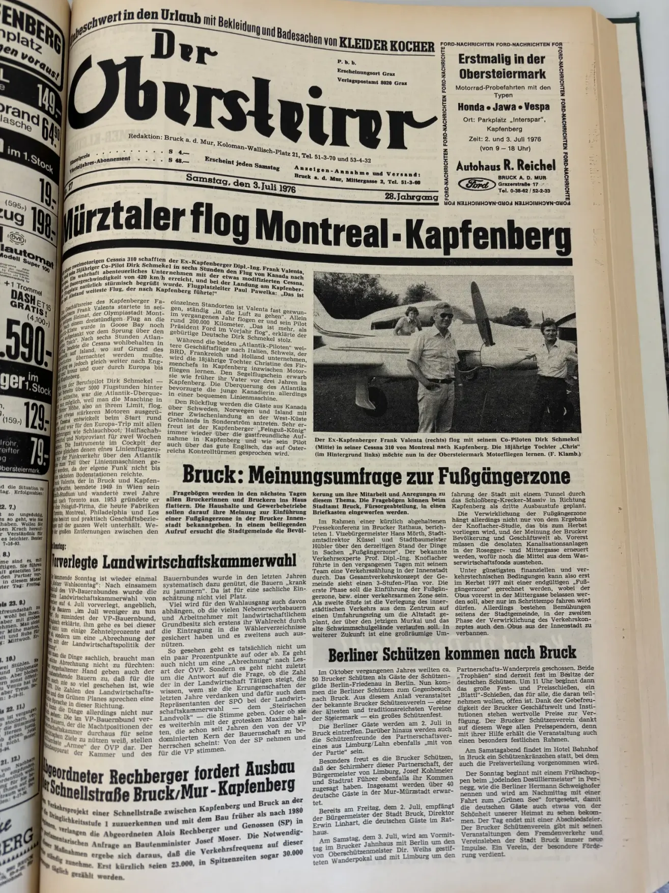 A newspaper article from July 3, 1976, featuring an image of two men standing next to a small airplane. The article discusses a flight from Montreal to Kapfenberg, Austria.