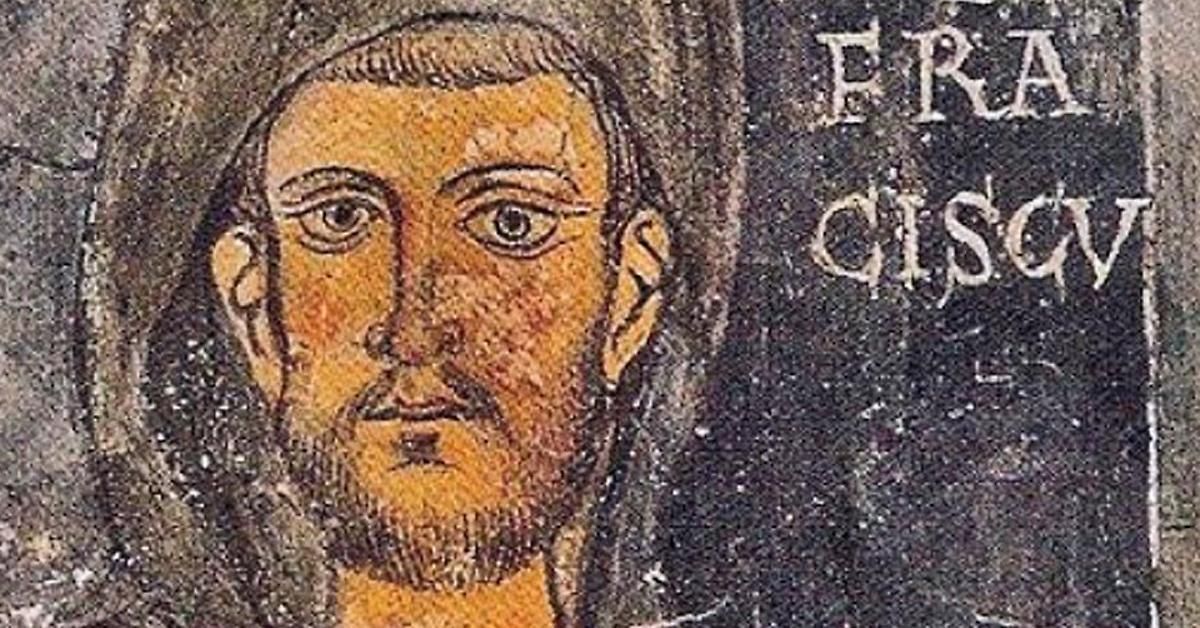 An old painting depicts a bearded man with serious eyes, wearing a hat, with faded letters 'ER DIS' on the wall behind him.