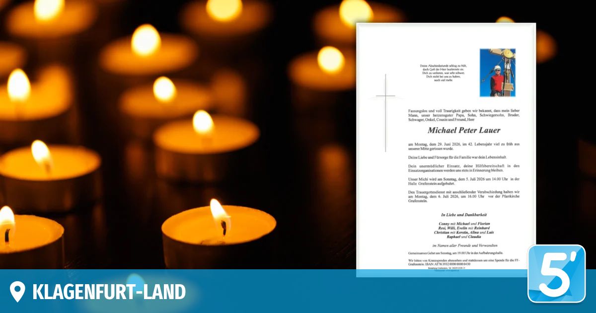 A somber image of lit candles against a dark background. A memorial notice for Michael Peter is displayed, with details of his passing and upcoming services. The notice is surrounded by a cross and includes heartfelt messages from loved ones.