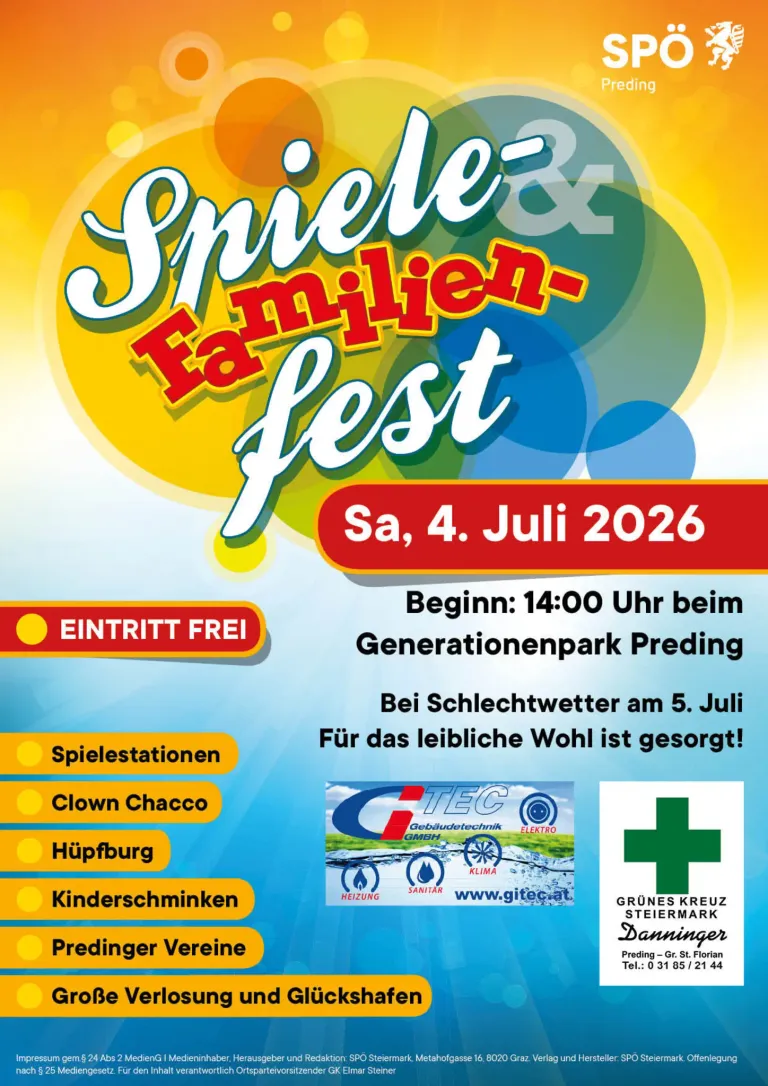 Poster for Snow Family Fest, Sat 4th July 2026, starting 14:00 at Generationenpark Preding. Admission is free. Features game stations, clown Chacco, a Ferris wheel, and children's rides. In case of bad weather, the event will be held on July 5th.