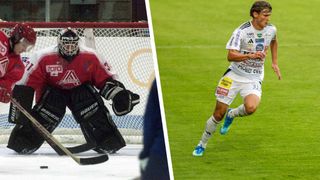 Ein Eishockey-Torwart in rotem Trikot und schwarzem Helm steht vor einem Netz. Ein Fußballspieler läuft auf einem Feld mit grünem Rasen in weißen und gelben Trikots.