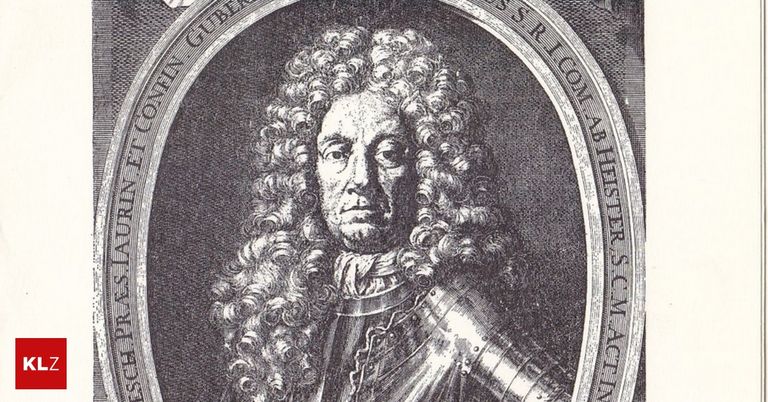An old drawing of a man with curly hair wearing a silver armor with a border around it.