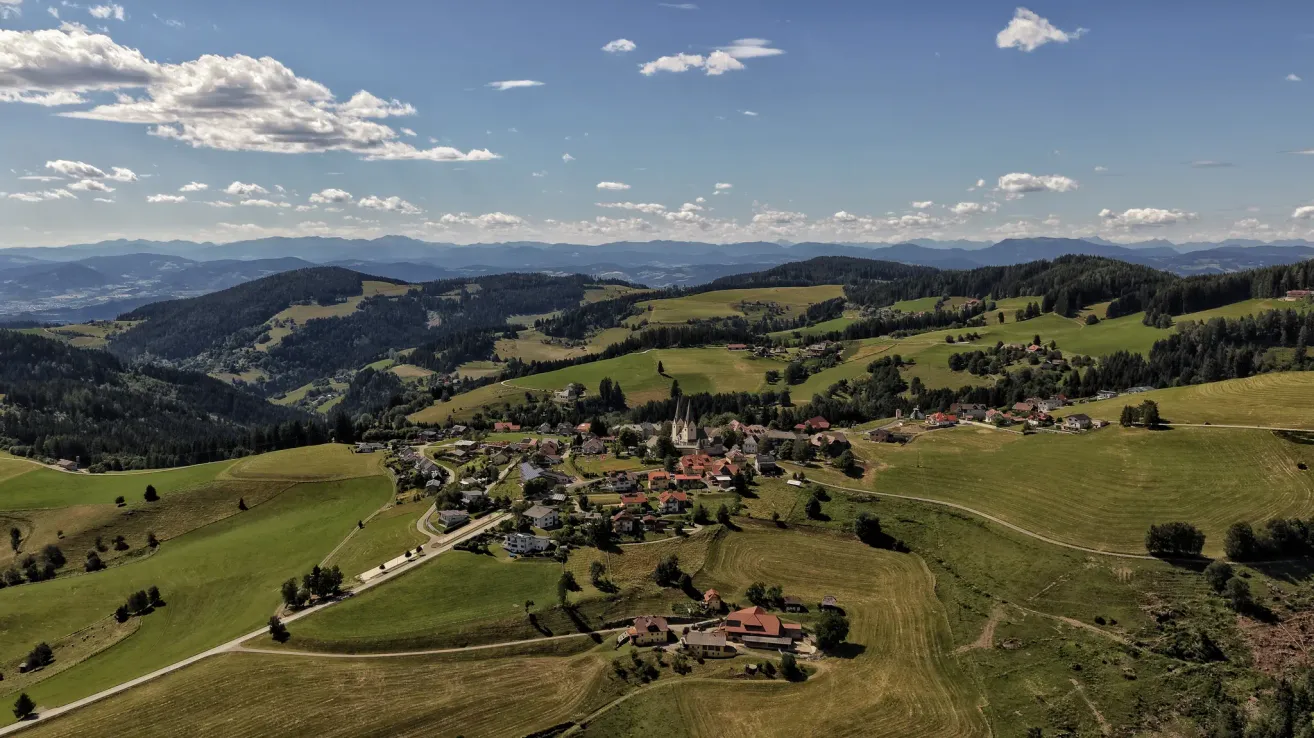 Aerial view of a village surrounded by green fields and mountains in the distance.