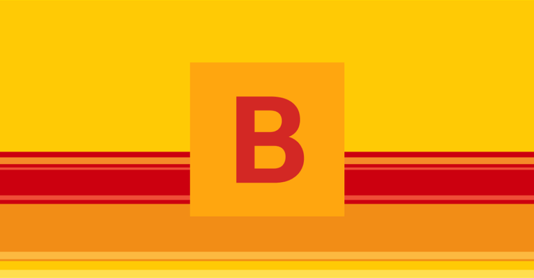 A yellow square contains a large red letter B, with a red and yellow striped border below it.