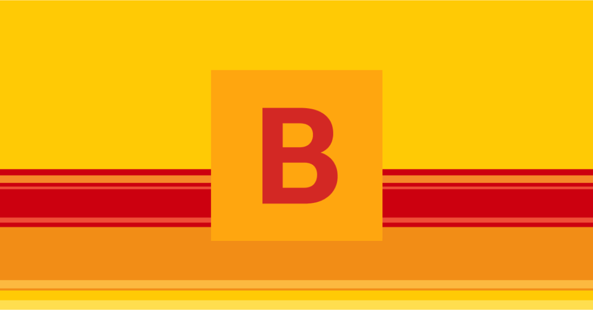 A yellow square contains a large red letter B, with a red and yellow striped border below it.