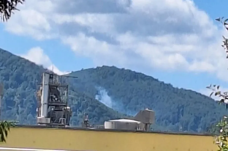 A mountain range with a small building in the foreground. The mountain is covered in trees. Smoke is coming from the top of the mountain.