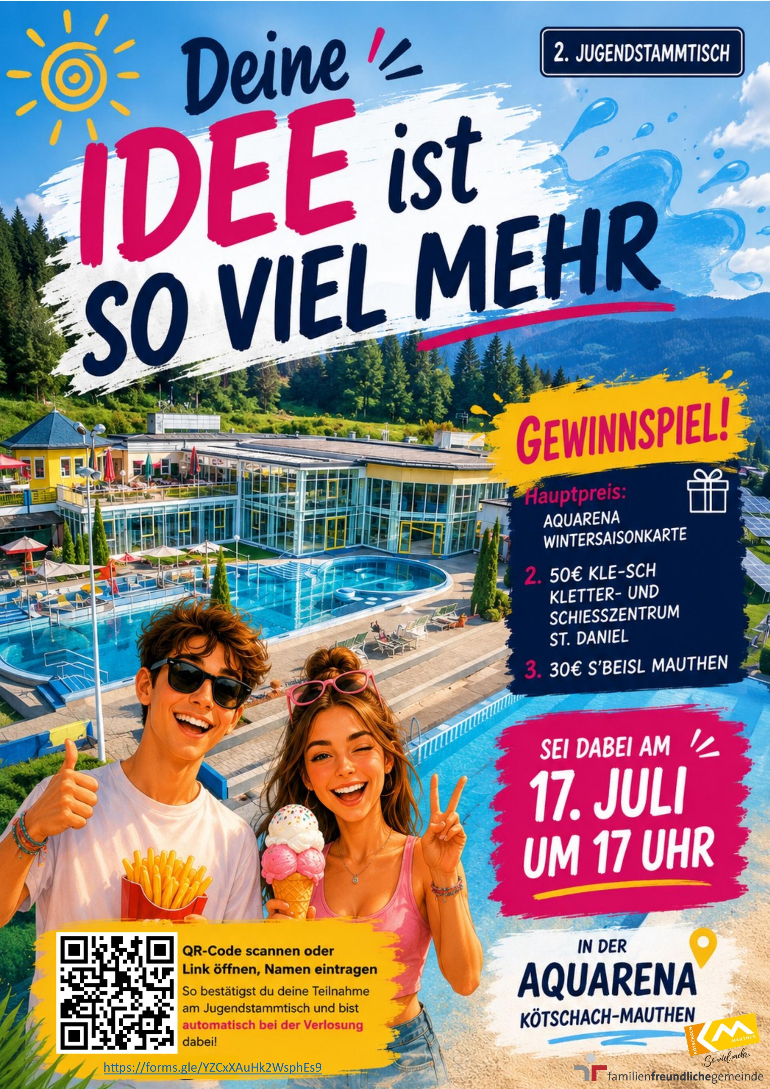 Gewinnspiel Aquarena Kärnten: Jugendliche mit Eis und Pommes vor Schwimmbad