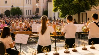 Zwei junge Musiker spielen Trompeten vor einem Publikum auf einem Innenhof. Hinter ihnen ist ein großer Baum und ein Gebäude zu sehen. Das Publikum sitzt auf Bänken, einige stehen.
