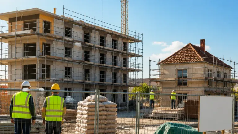 Bauarbeiter in Sicherheitswesten stehen in der Nähe eines im Bau befindlichen Gebäudes, mit sichtbaren Gerüsten und Haufen von Zementbeuteln. Ein Kran ist im Hintergrund zu sehen.