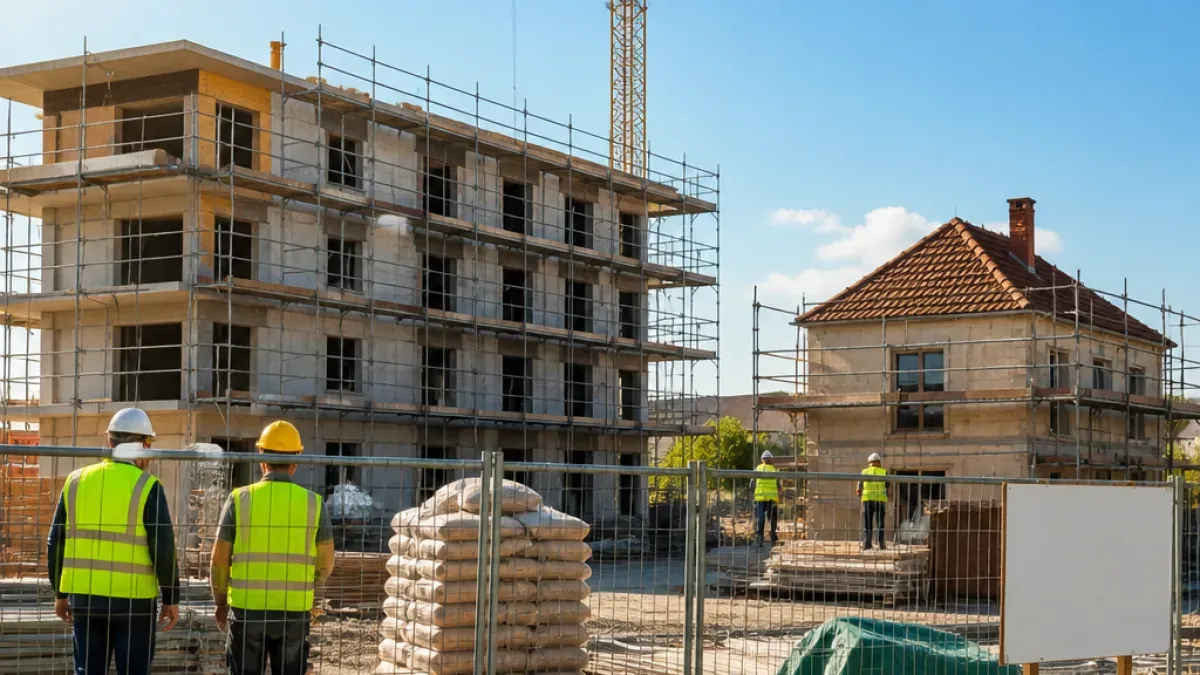 Construction workers in safety vests stand near a building under construction, with scaffolding and piles of cement bags visible. A crane is in the background.