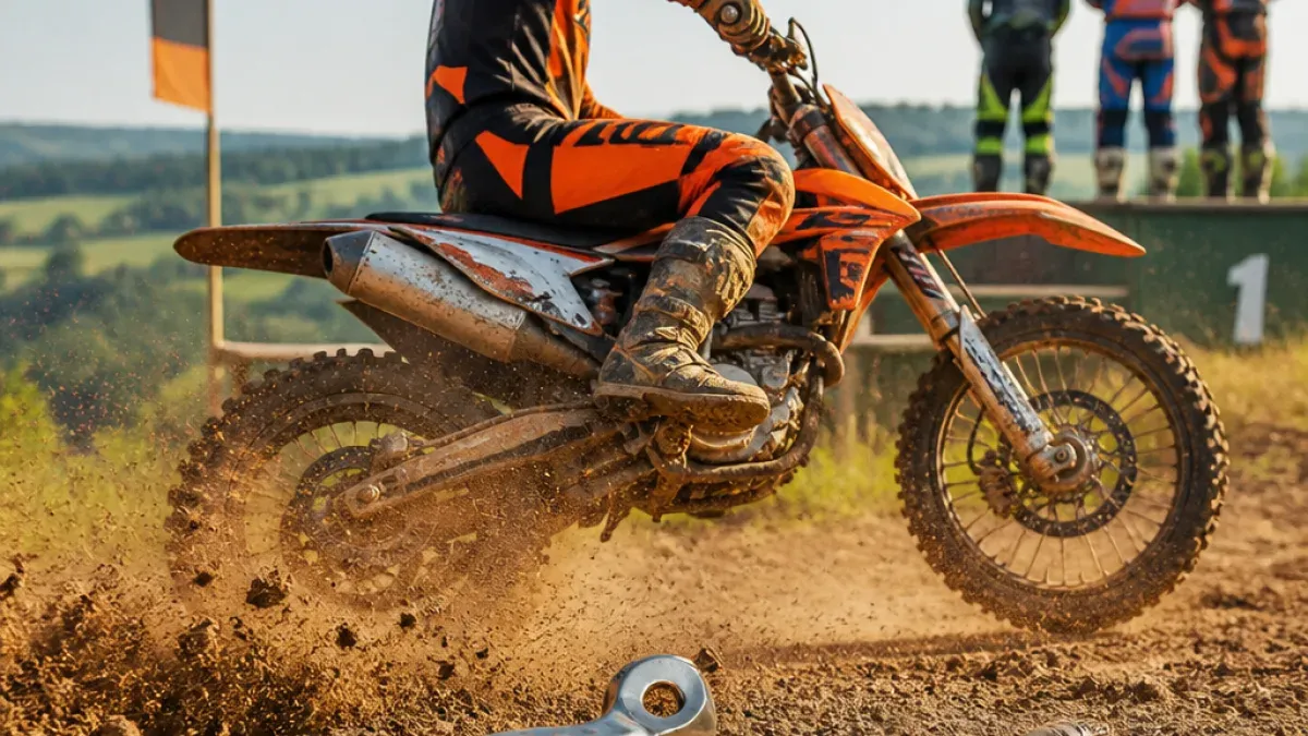 A dirt bike rider in orange and black gear rides through a muddy terrain, with a wrench nearby.