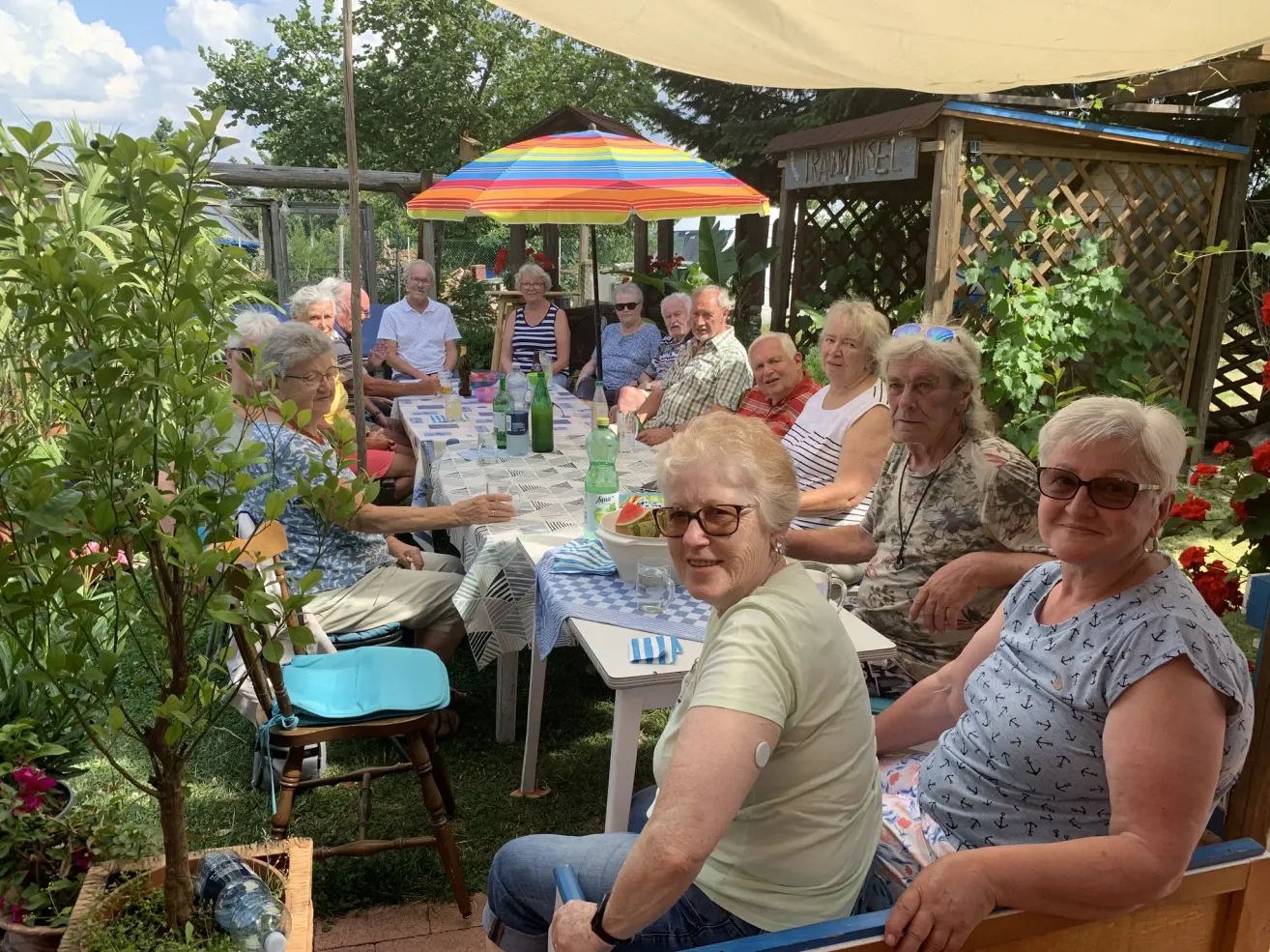 A group of elderly people are sitting around a table in a garden, some are wearing glasses and some are wearing hats. There are bottles, a bowl of watermelon, and a colorful umbrella on the table. There is a wooden gazebo with a sign in the background.