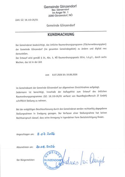 Ein Dokument mit dem Titel 'Kundmachung' informiert über eine Änderung des örtlichen Raumordnungsprogramms in der Gemeinde Glindow und lädt zur öffentlichen Stellungnahme für sechs Wochen ein. Das Dokument beschreibt die digitale Aktualisierung des Programms und erwähnt die Frist für die Einreichung von Kommentaren.