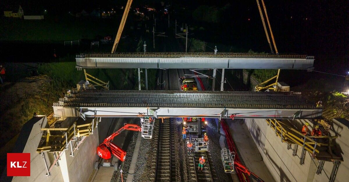 Ein nächtliches Baustellenbild, das Arbeiter beim Einbau einer Brücke über eine Eisenbahnstrecke zeigt, wobei ein Zug in der Ferne näher kommt.