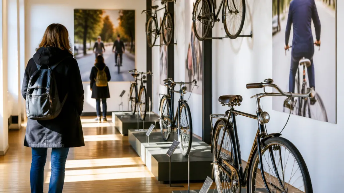 A room with bicycles on display, two people are walking in the background, one of them is riding a bicycle.