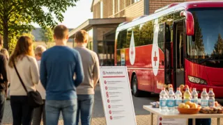 Two men stand near a red bus with a white cross symbol, possibly waiting for something. A sign with red circles and text is nearby.