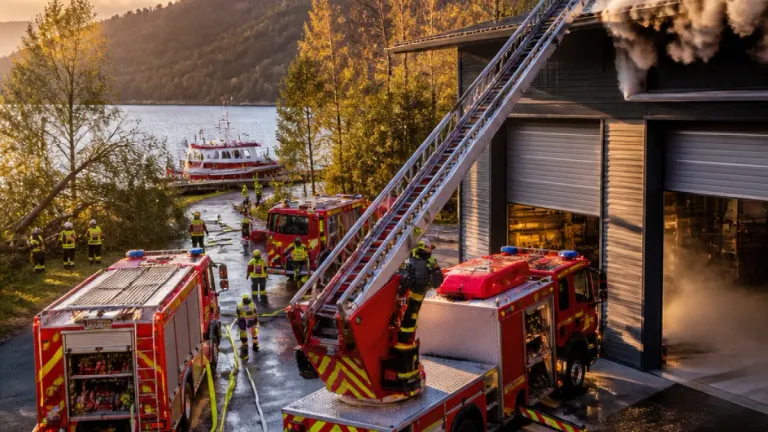 Firefighters are preparing a fire truck with a ladder extended, smoke coming from a nearby building, and a boat docked in the background.